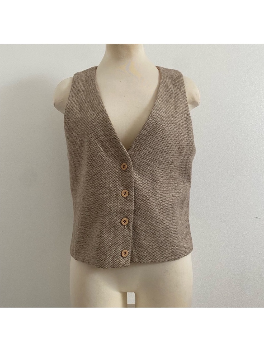 Neutral Tan Wool Button-Front Sleeveless Vest